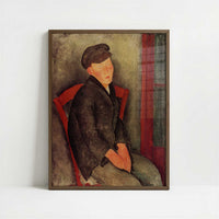 Seated Boy with Cap (1918) by Amedeo Modigliani – Art Print - Art print in dark wood frame