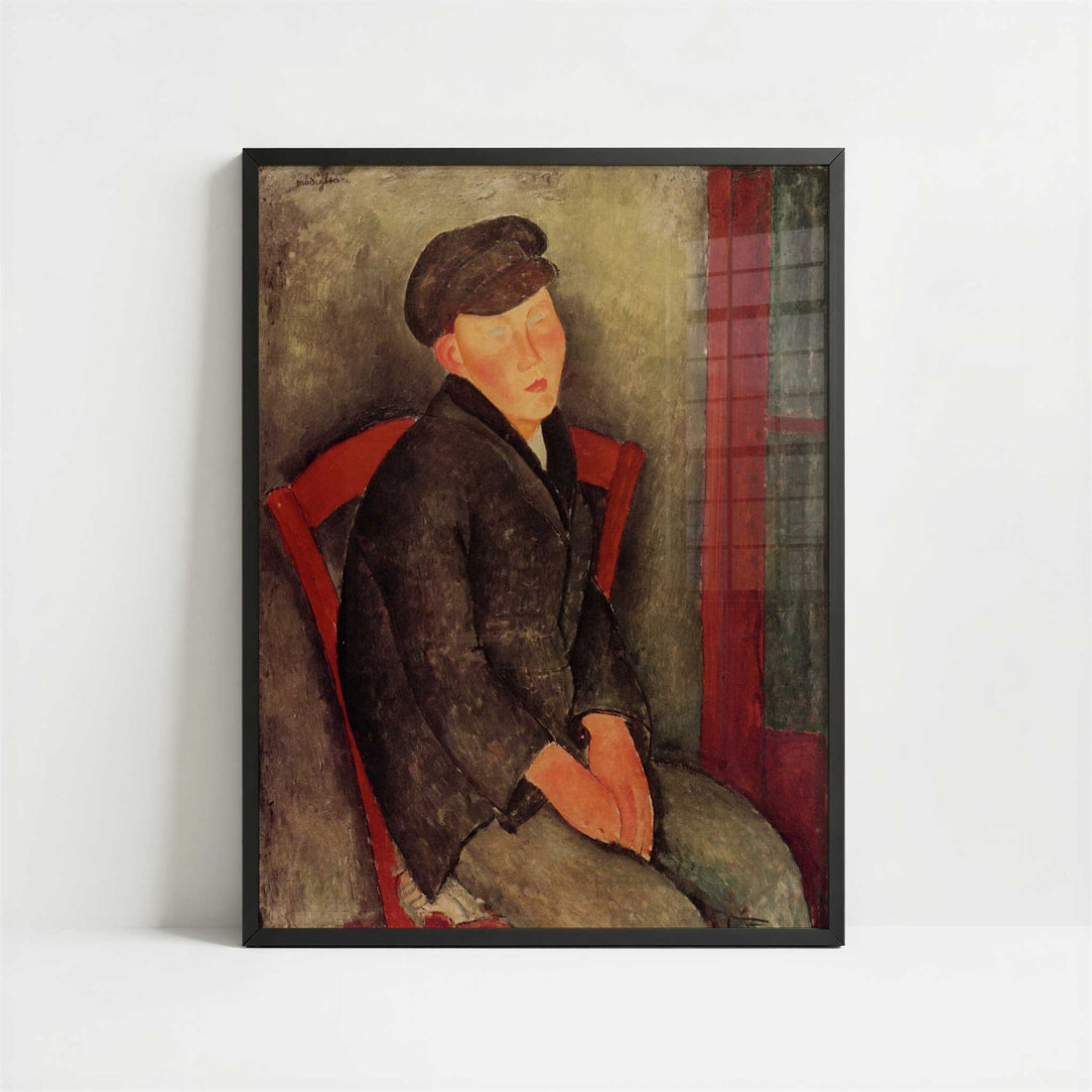 Seated Boy with Cap (1918) by Amedeo Modigliani – Art Print - Art print in black frame