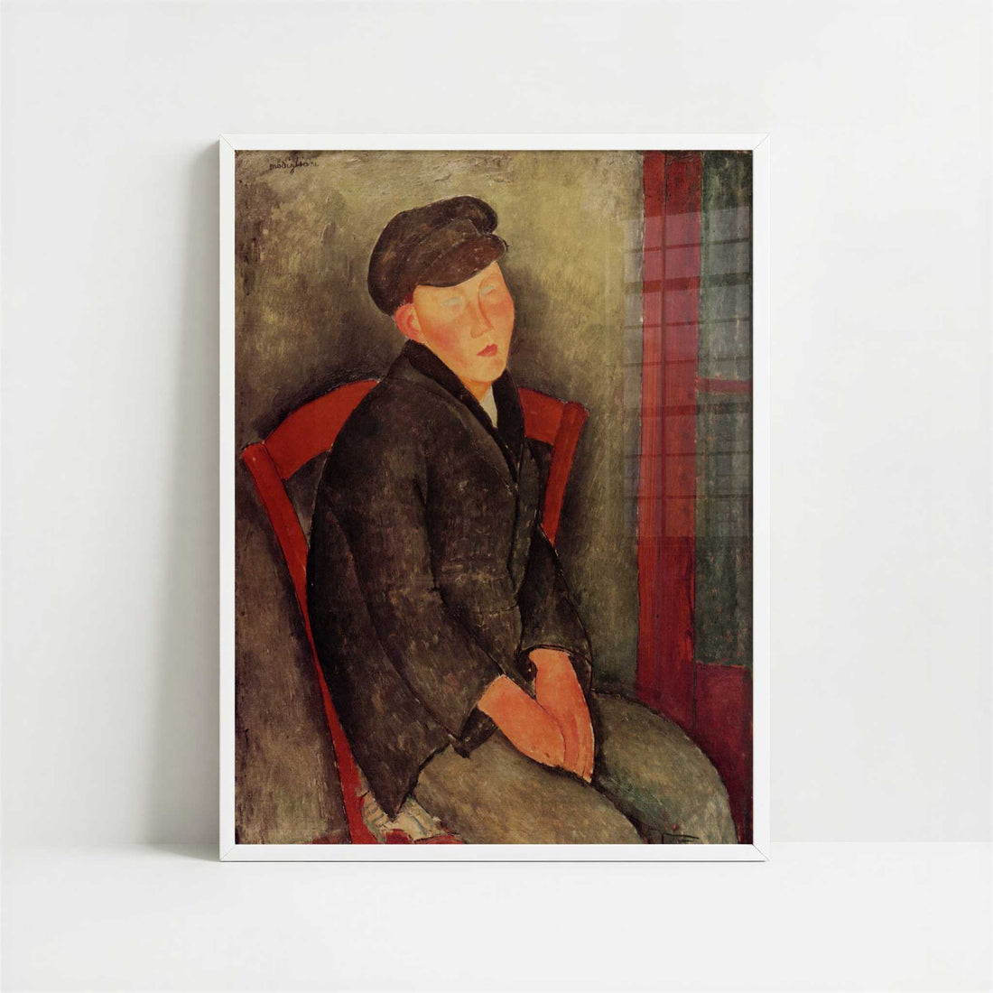 Seated Boy with Cap (1918) by Amedeo Modigliani – Art Print - Art print in white frame