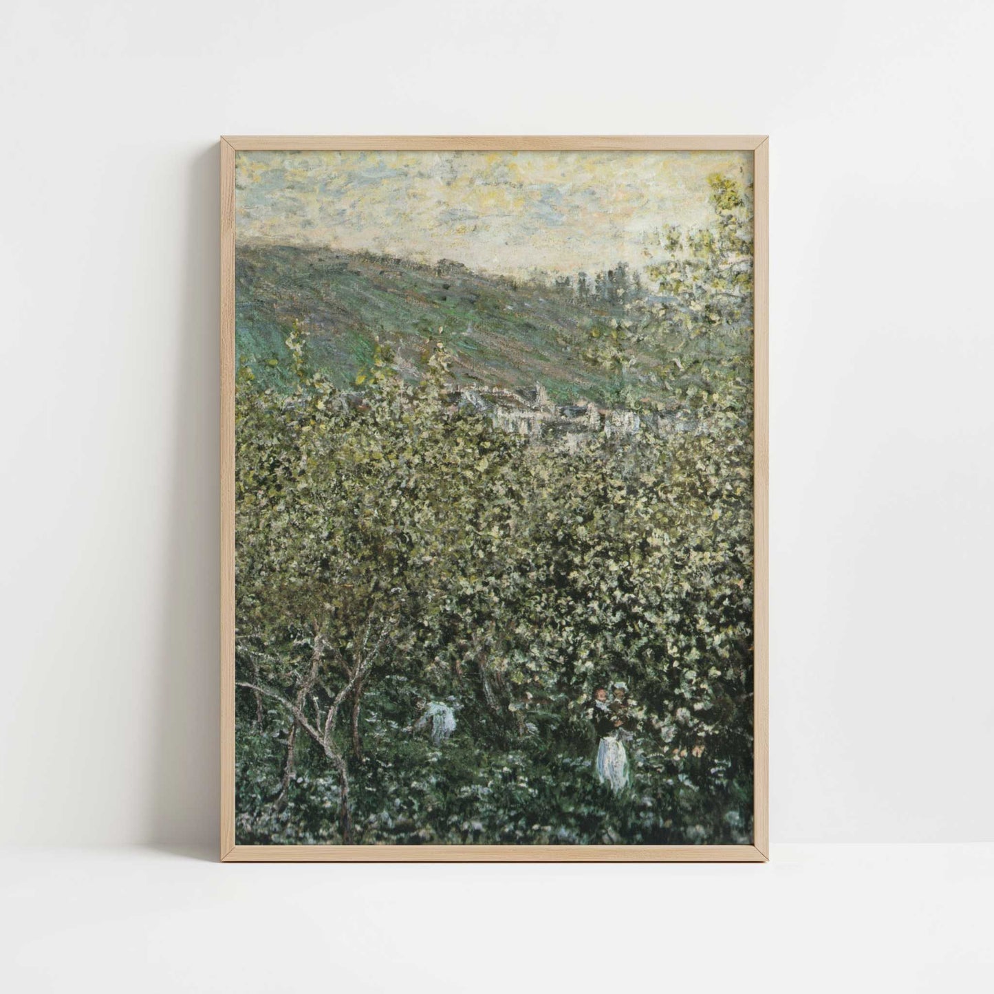 Landscape with Orchard & Figures (1879) by Claude Monet – Art Print - Art print in oak frame