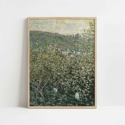 Landscape with Orchard & Figures (1879) by Claude Monet – Art Print - Art print in oak frame