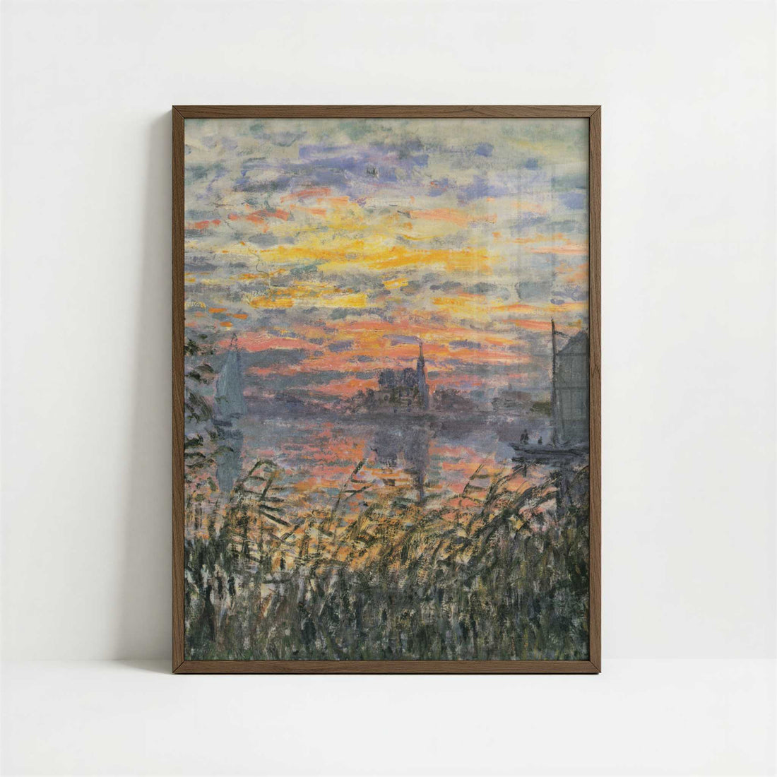 Marine View, Sunset (1874) by Claude Monet – Art Print - Art print in dark wood frame