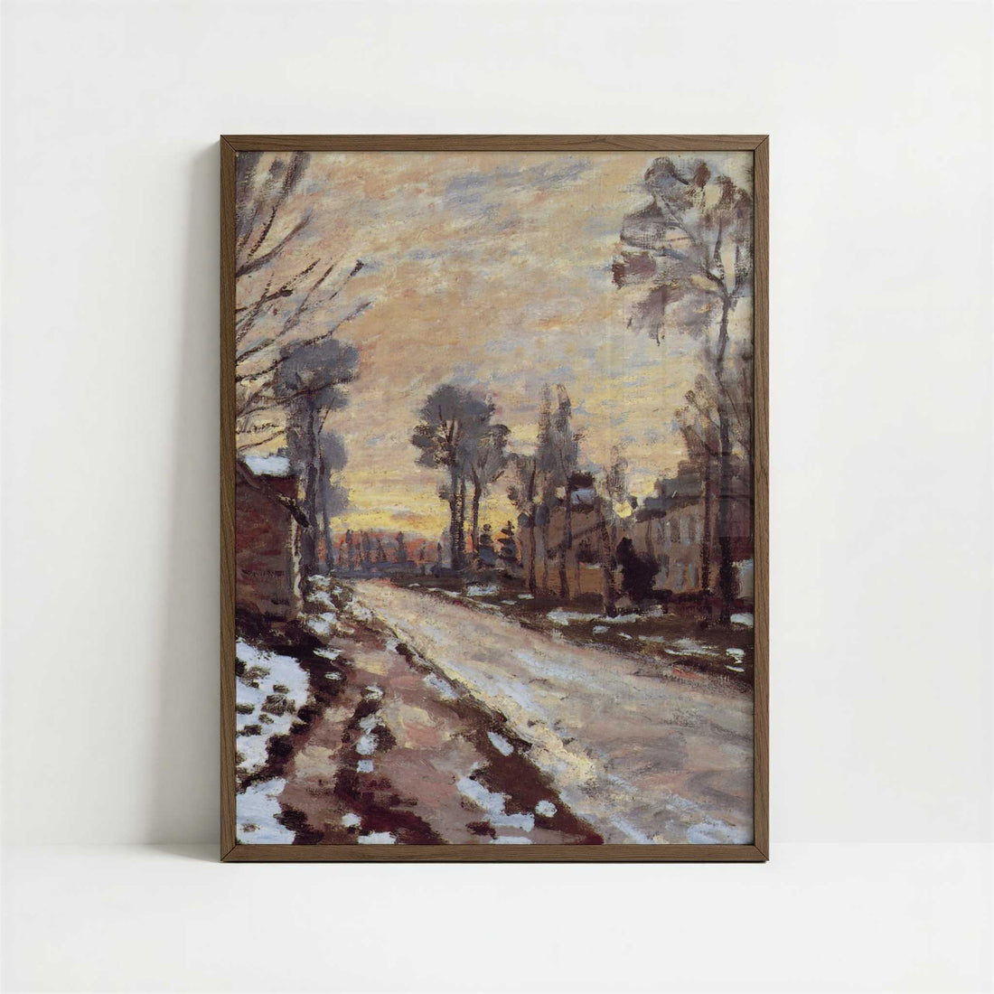 Road to Louveciennes, Melting Snow at Sunset (1869-70) by Claude Monet – Art Print - Art print in dark wood frame