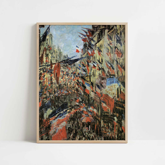 Rue Montorgeuil with Flags (1878) by Claude Monet – Art Print - Art print in oak frame