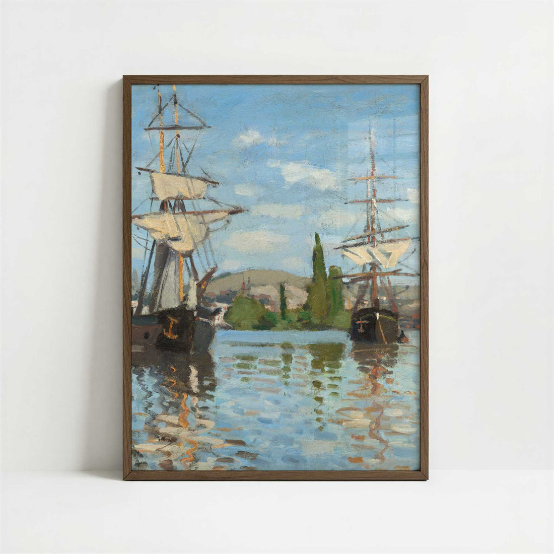 Ships Riding on the Seine at Rouen (1872) by Claude Monet – Art Print - Art print in dark wood frame