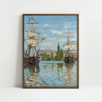 Ships Riding on the Seine at Rouen (1872) by Claude Monet – Art Print - Art print in dark wood frame