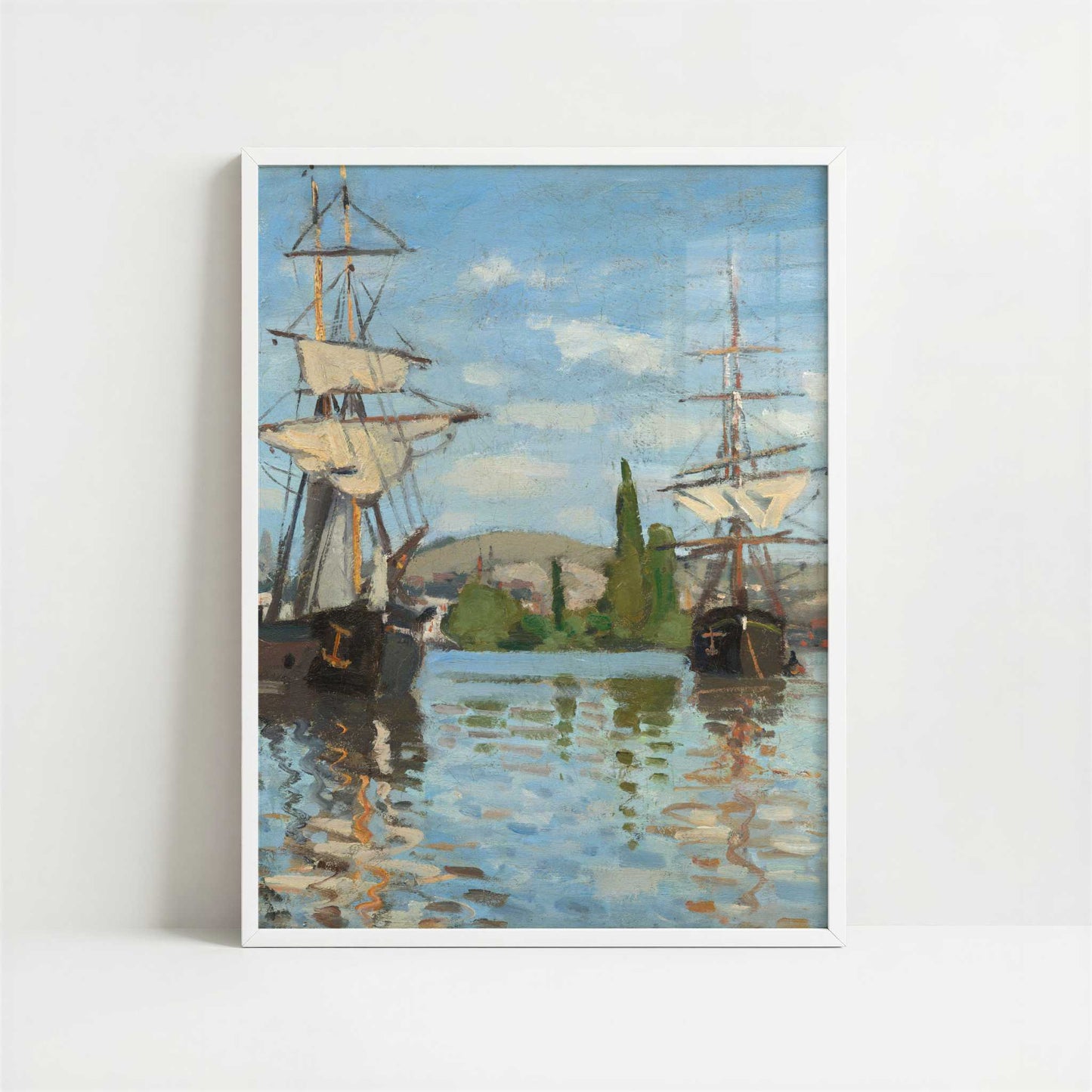 Ships Riding on the Seine at Rouen (1872) by Claude Monet – Art Print - Art print in white frame