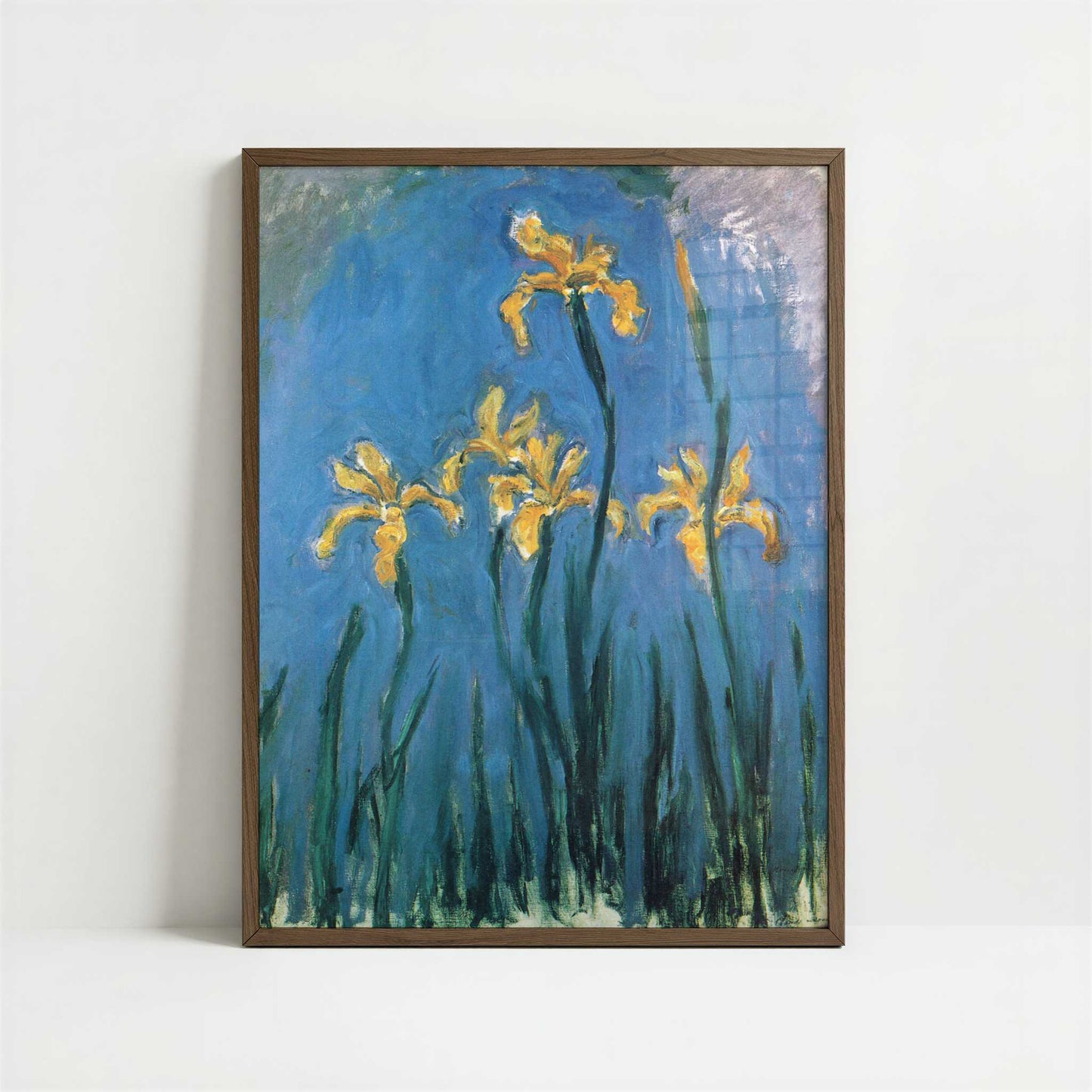 Yellow Irises (1924–25) by Claude Monet – Art Print - Art print in dark wood frame
