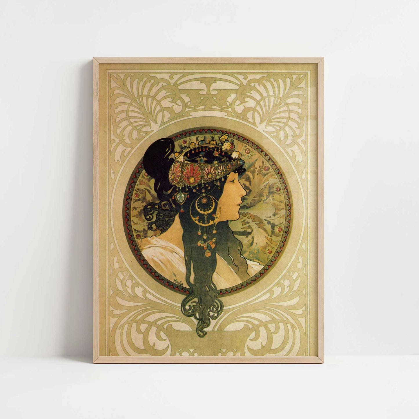 Brunette (1897) by Alphonse Mucha – Art Print - Art print in oak frame