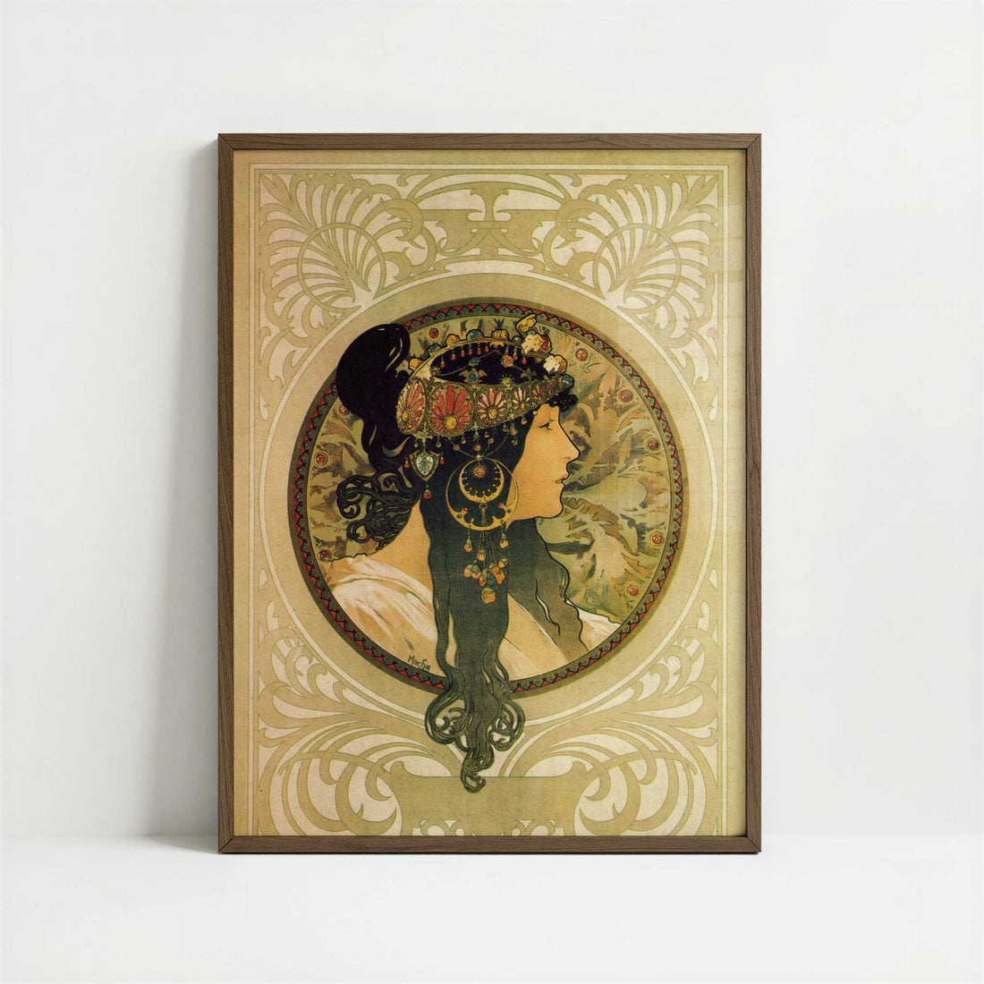 Brunette (1897) by Alphonse Mucha – Art Print - Art print in dark wood frame