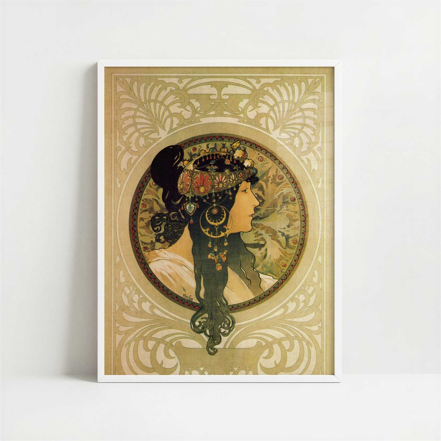 Brunette (1897) by Alphonse Mucha – Art Print - Art print in white frame