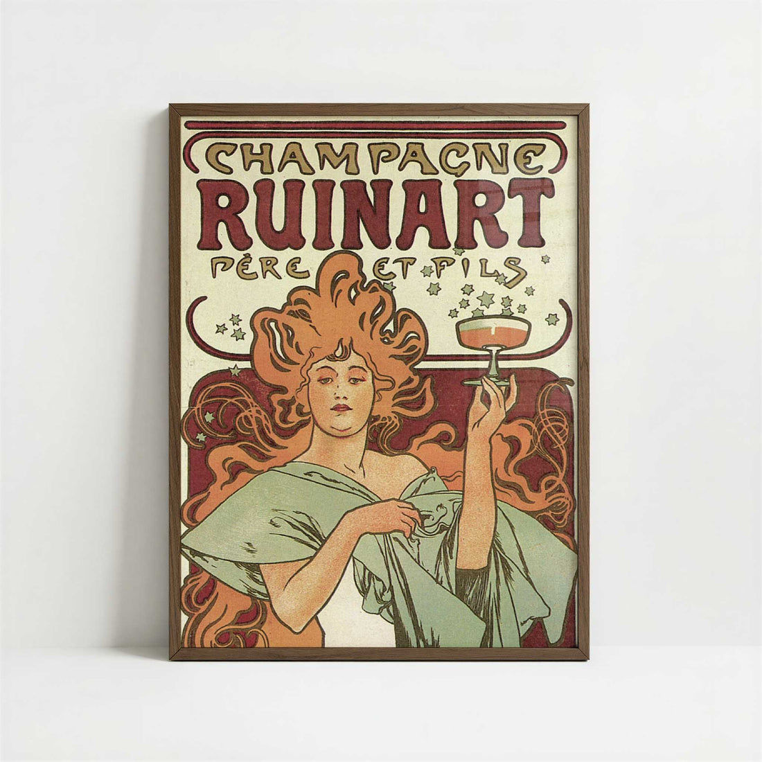 Champagne Ruinart (1896) by Alphonse Mucha – Art Print - Art print in dark wood frame