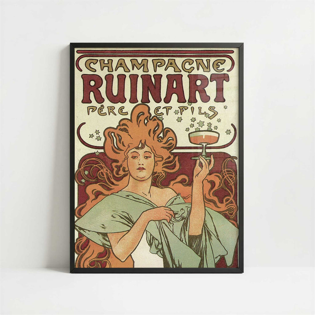 Champagne Ruinart (1896) by Alphonse Mucha – Art Print - Art print in black frame