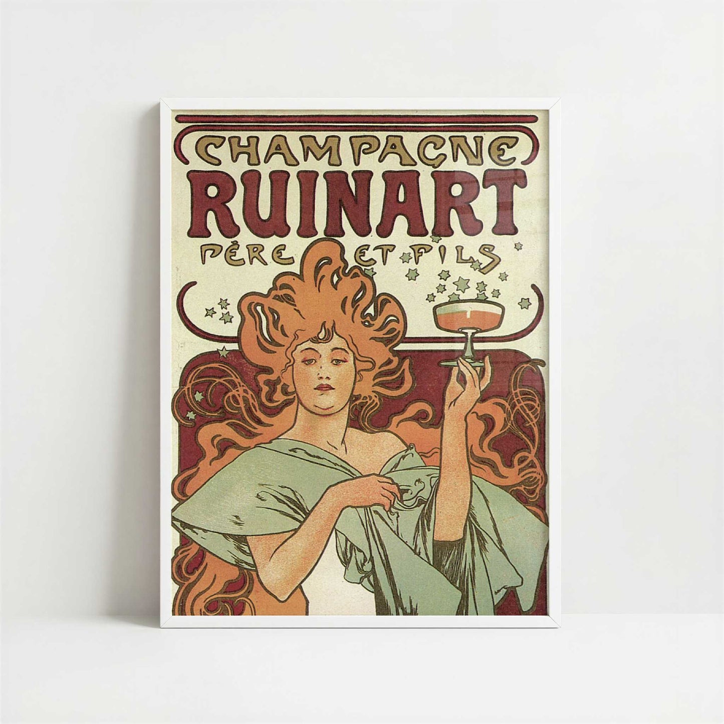 Champagne Ruinart (1896) by Alphonse Mucha – Art Print - Art print in white frame