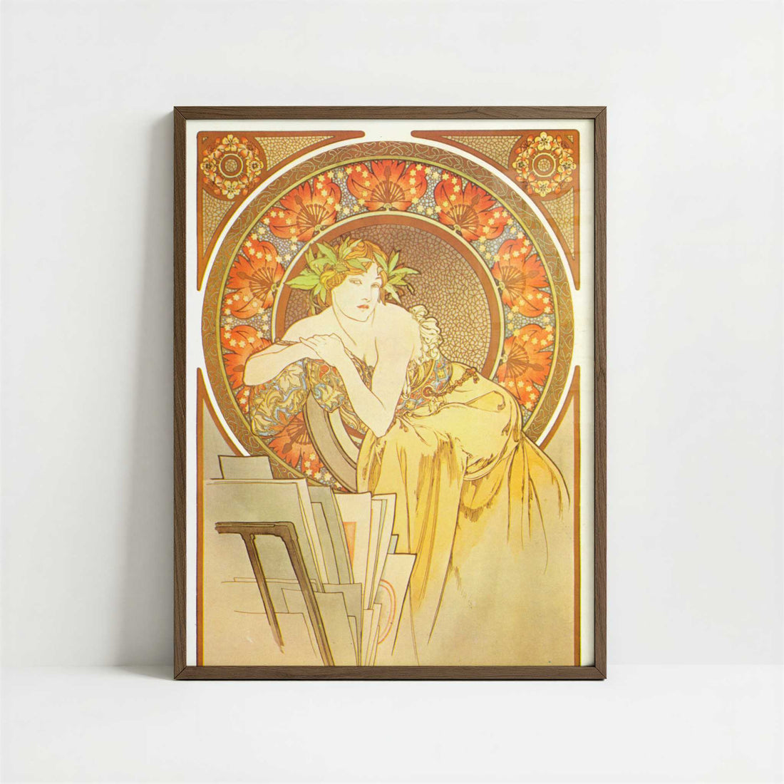 Femme au Chevalet (1898) by Alphonse Mucha – Art Print - Art print in dark wood frame