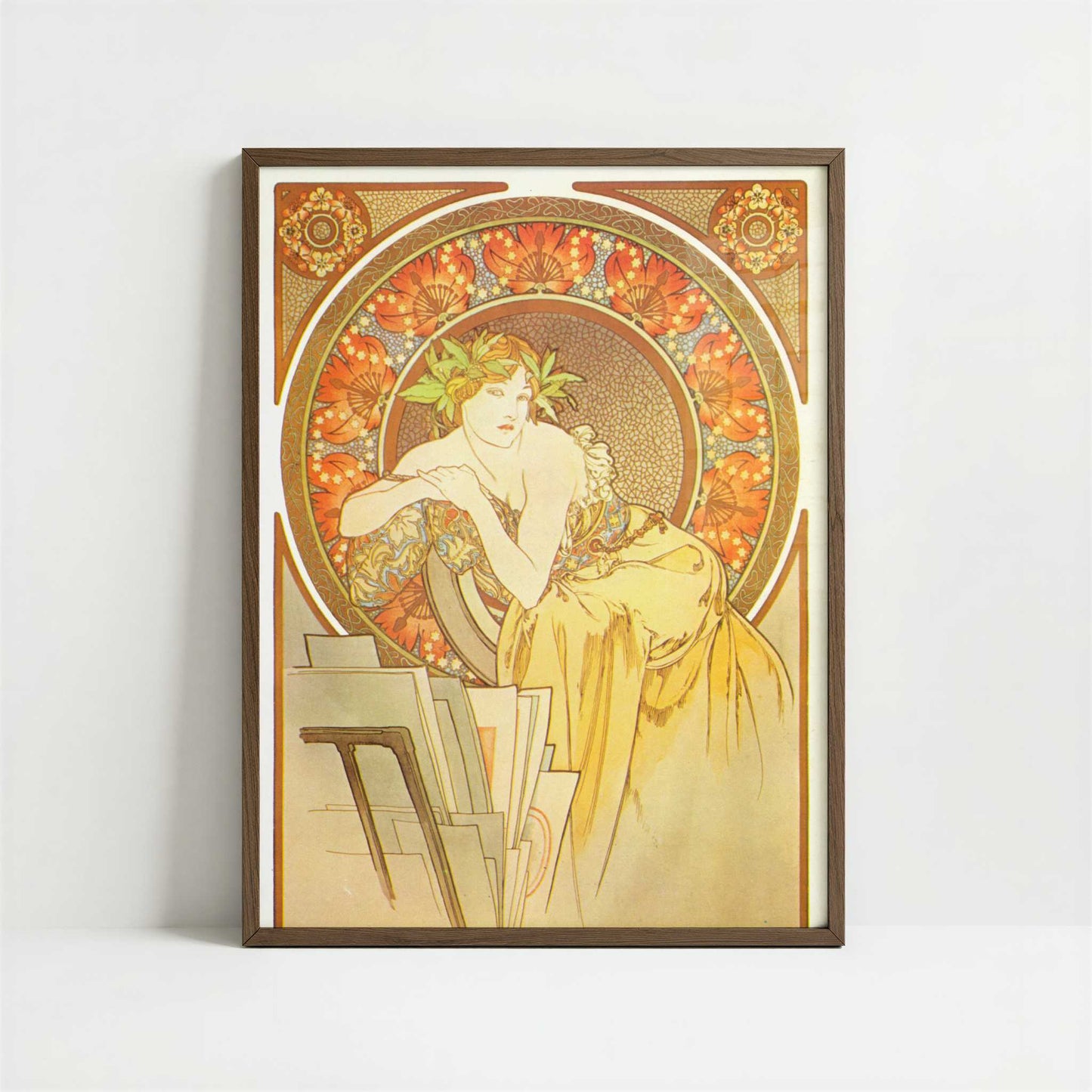 Femme au Chevalet (1898) by Alphonse Mucha – Art Print - Art print in dark wood frame