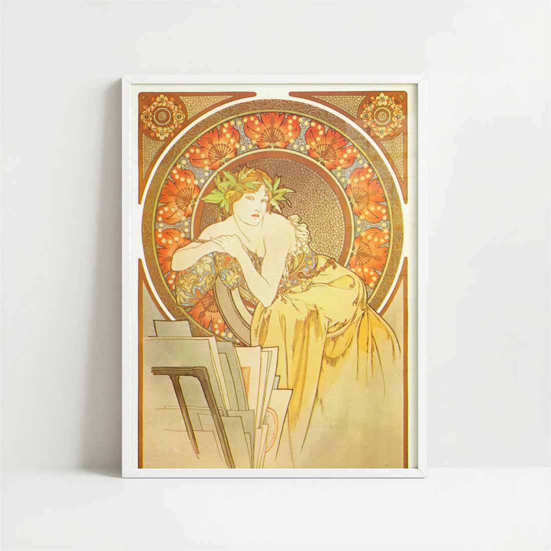 Femme au Chevalet (1898) by Alphonse Mucha – Art Print - Art print in white frame