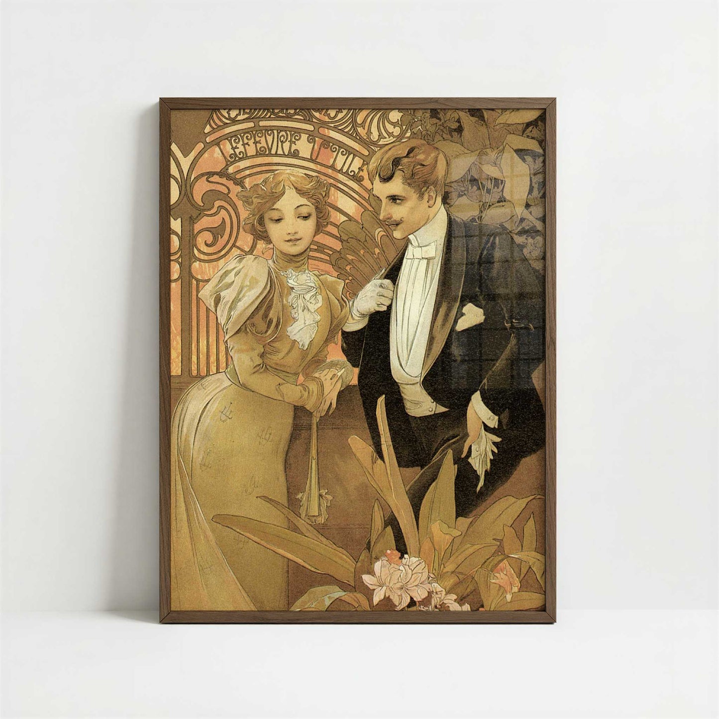 Flirt Biscuits (1899) by Alphonse Mucha – Art Print - Art print in dark wood frame