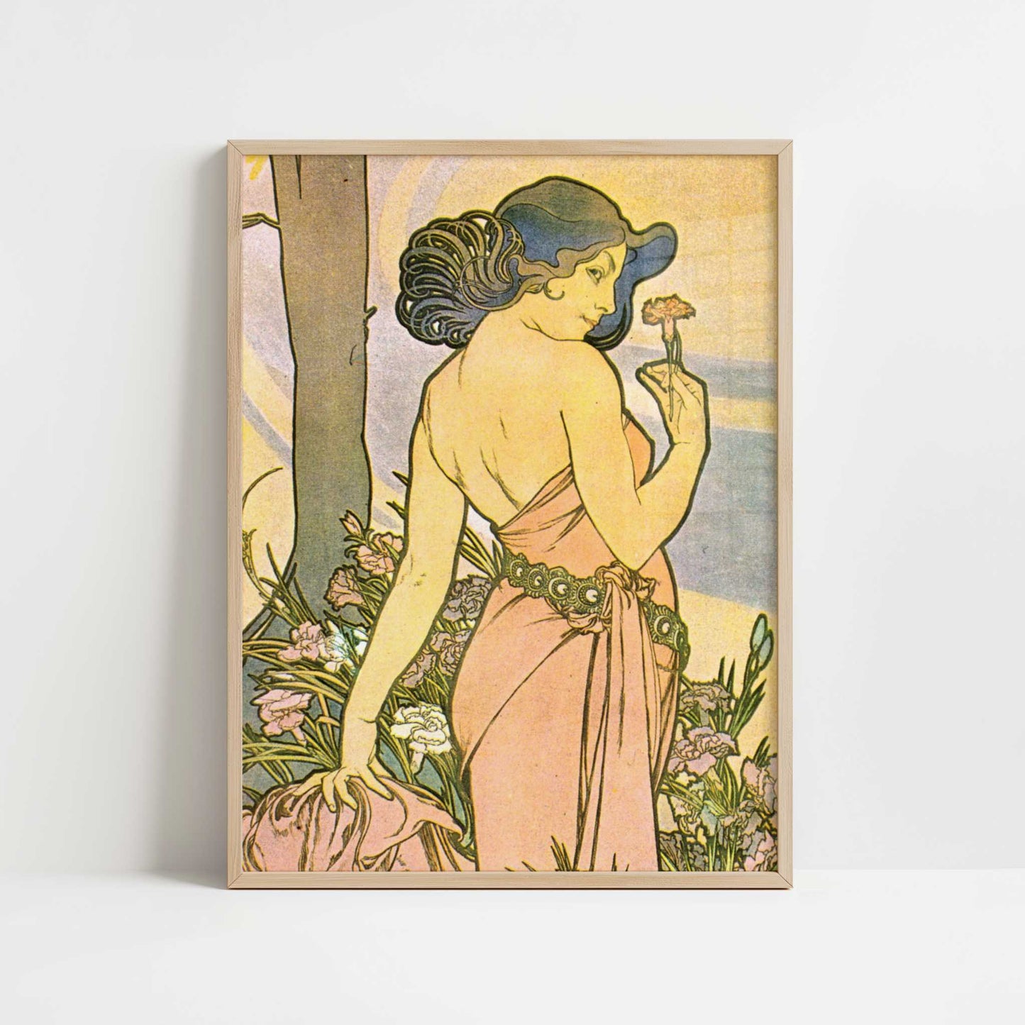 Oeillet (1897) by Alphonse Mucha – Art Print - Art print in oak frame