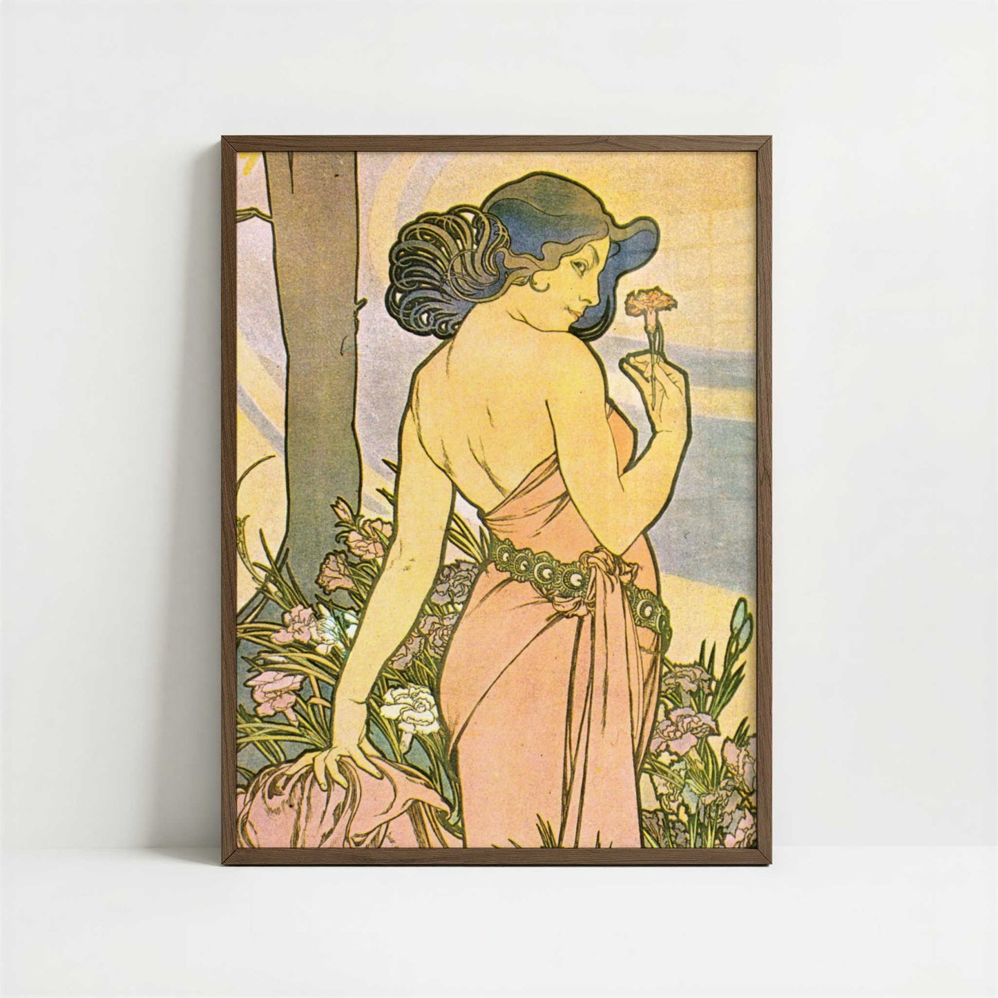Oeillet (1897) by Alphonse Mucha – Art Print - Art print in dark wood frame