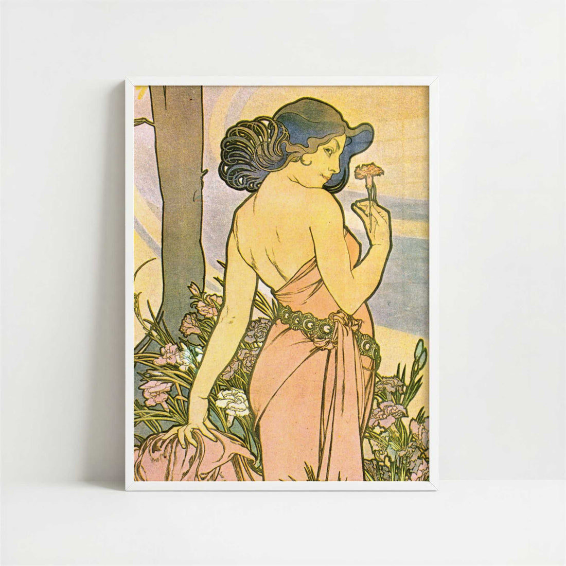 Oeillet (1897) by Alphonse Mucha – Art Print - Art print in white frame