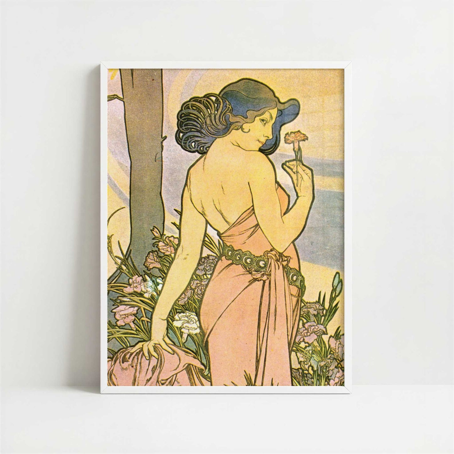 Oeillet (1897) by Alphonse Mucha – Art Print - Art print in white frame