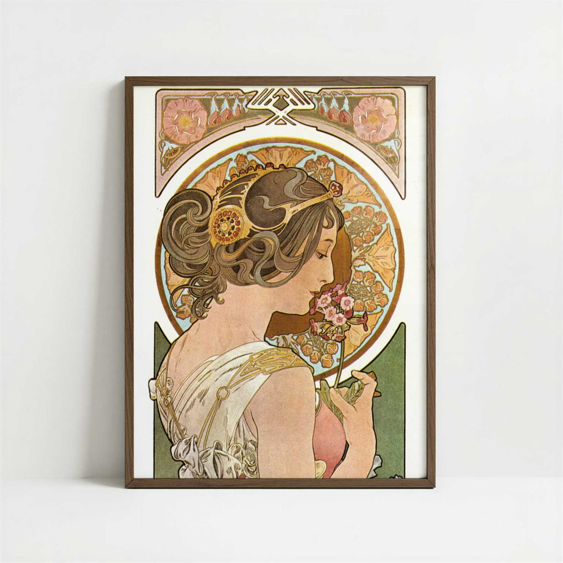 Primrose (1899) by Alphonse Mucha – Art Print - Art print in dark wood frame