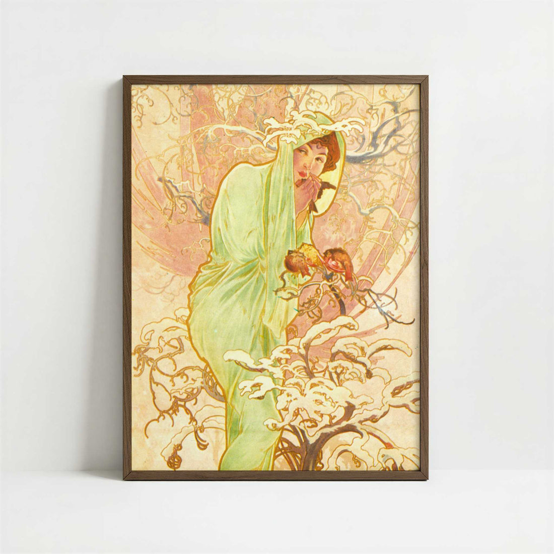 Seasons, Winter (1896) by Alphonse Mucha – Art Print - Art print in dark wood frame