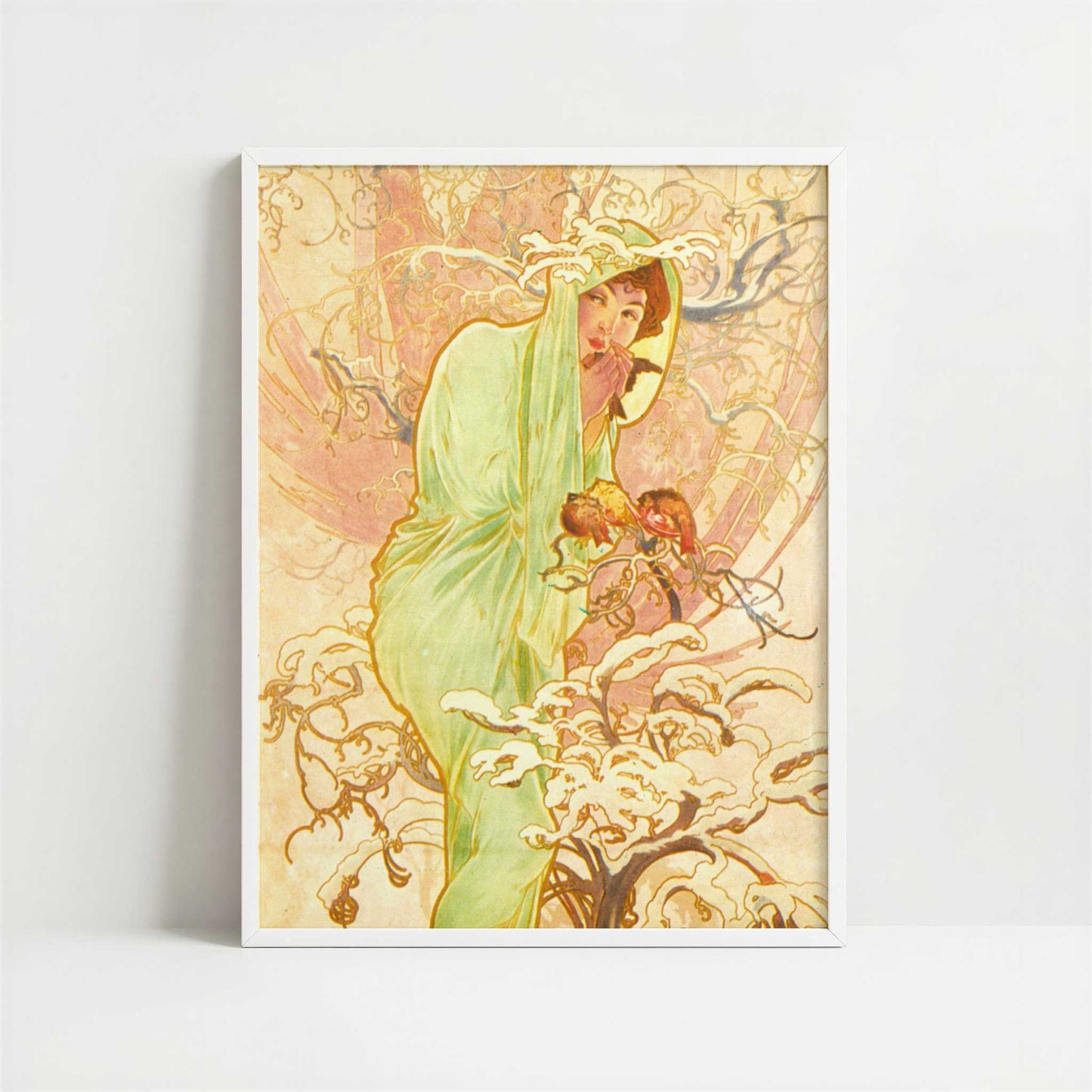 Seasons, Winter (1896) by Alphonse Mucha – Art Print - Art print in white frame