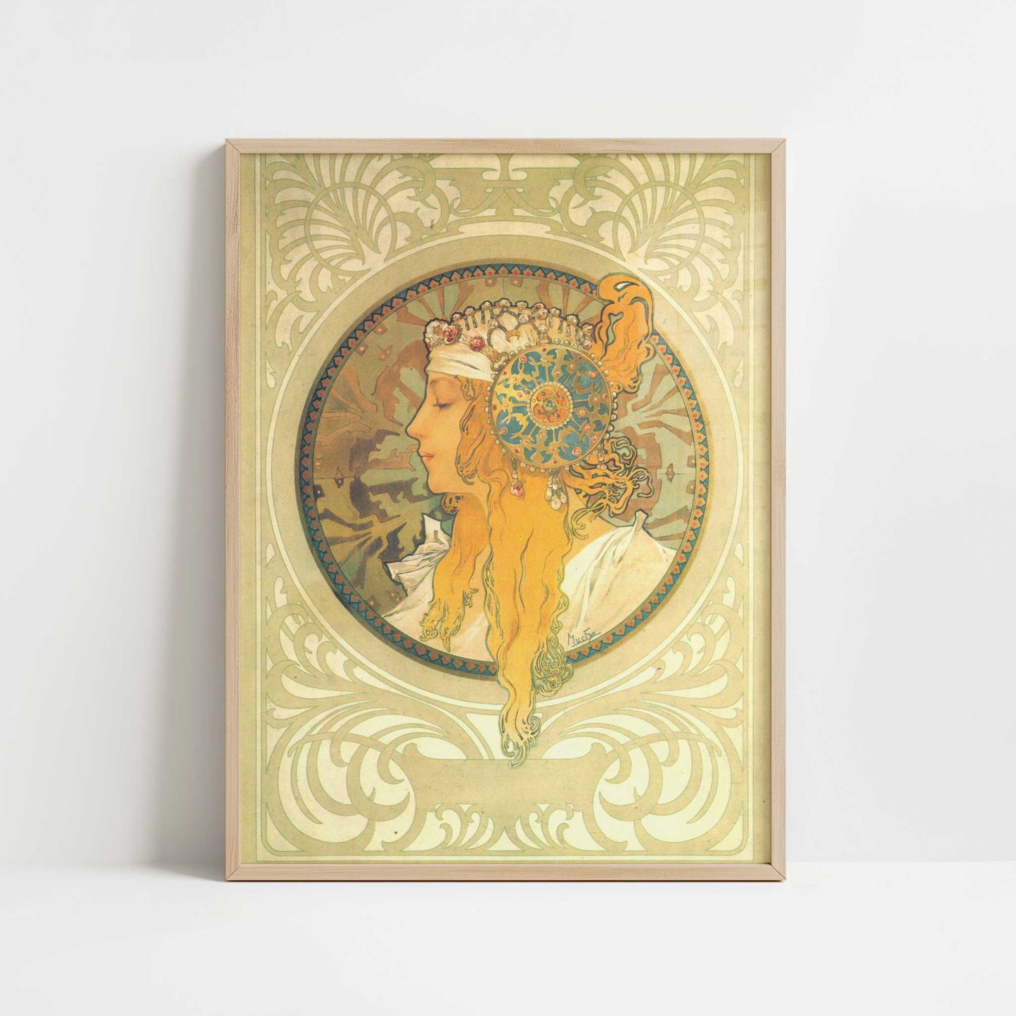 The Blonde (1897) by Alphonse Mucha – Art Print - Art print in oak frame