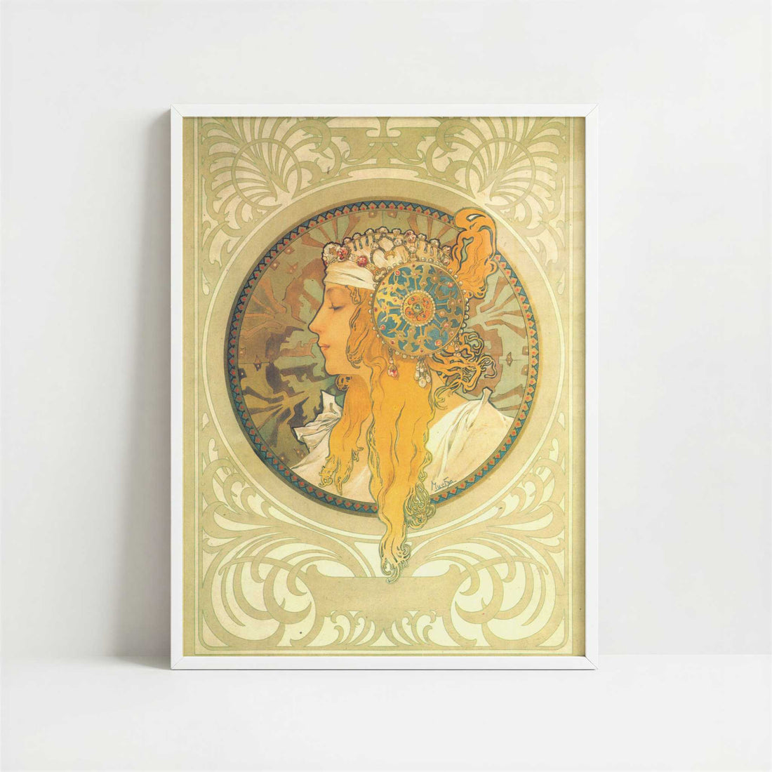 The Blonde (1897) by Alphonse Mucha – Art Print - Art print in white frame