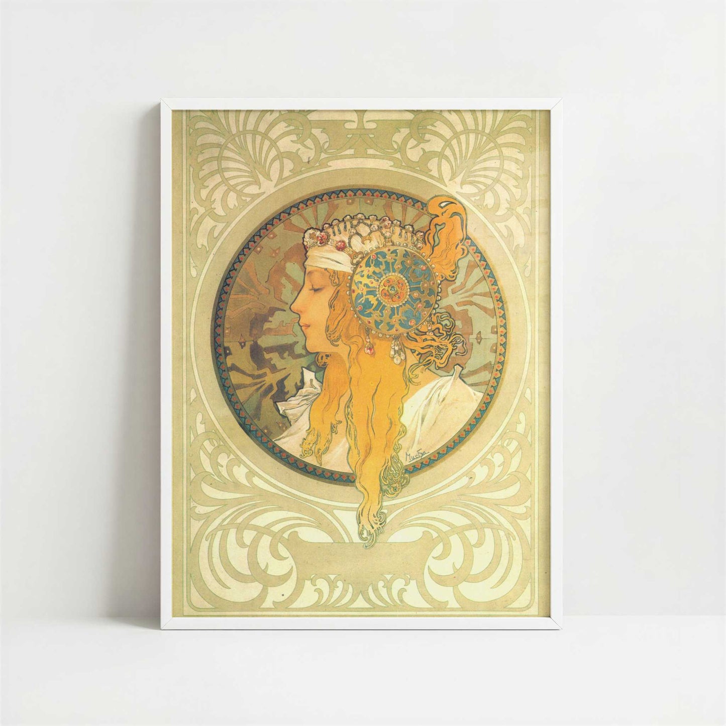 The Blonde (1897) by Alphonse Mucha – Art Print - Art print in white frame