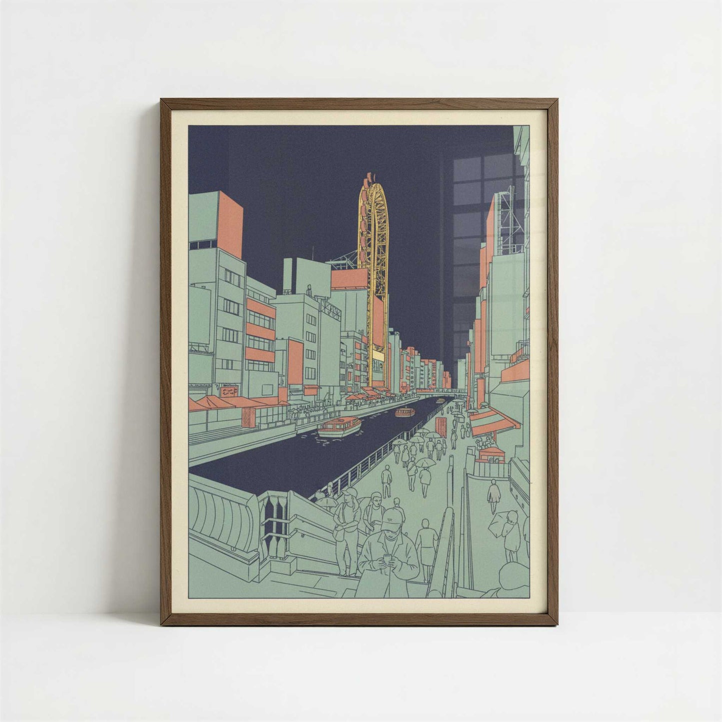 Neon Nights along Osaka’s Dotonbori - Art Print - Art print in dark wood frame