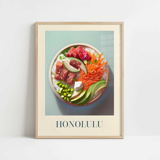 Pokebowl from Honolulu, Hawaii - Art Print - Art print in oak frame