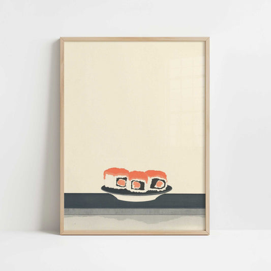 Salmon Passing by at the Sushi Bar - Art Print - Art print in oak frame