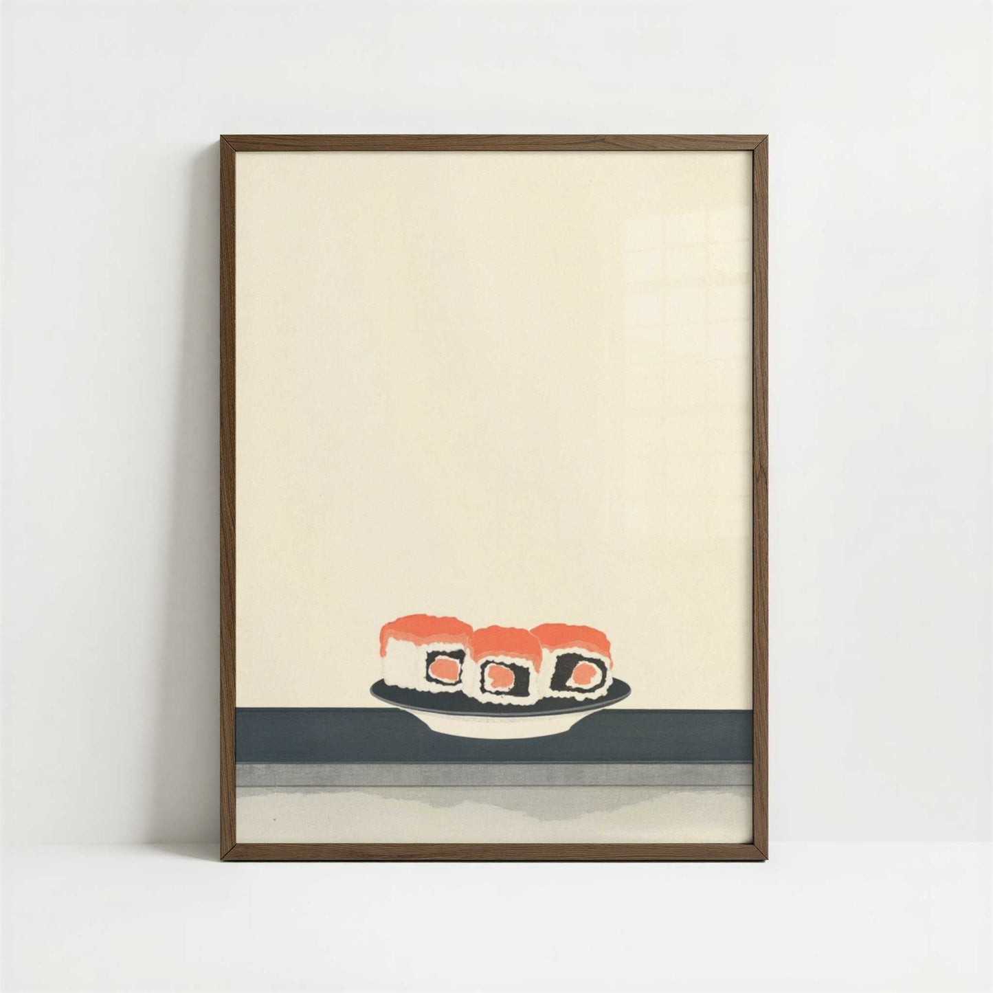 Salmon Passing by at the Sushi Bar - Art Print - Art print in dark wood frame