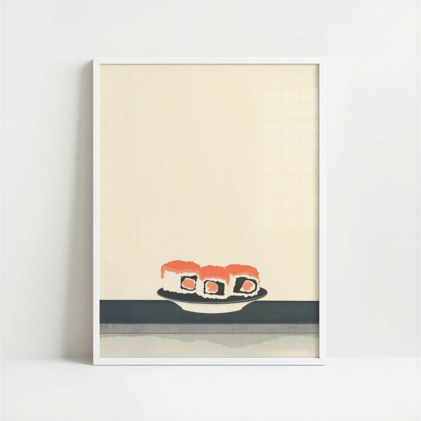 Salmon Passing by at the Sushi Bar - Art Print - Art print in white frame