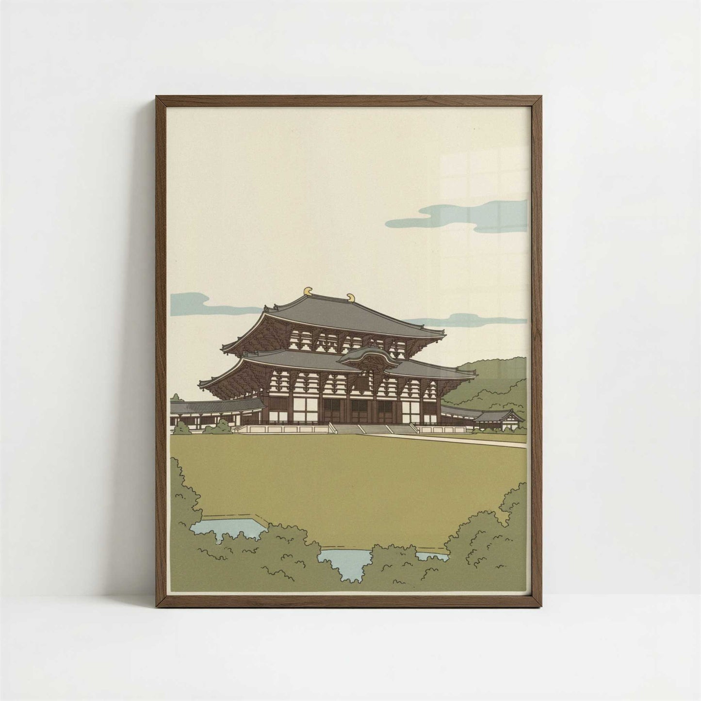 Standing Before the Hall at Tōdai-ji - Art Print - Art print in dark wood frame