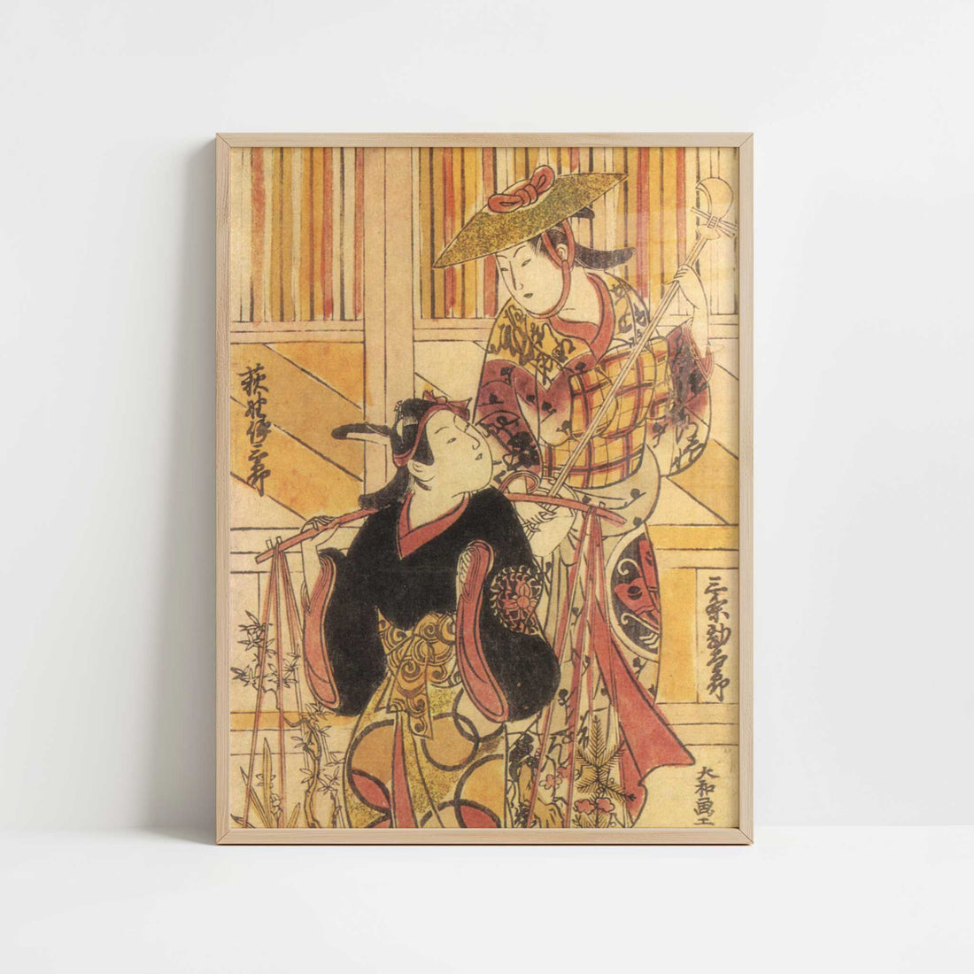 Actors as a Flower-Seller and Street Musician (1740s) by Toshinobu, Okumura – Art Print - Art print in oak frame