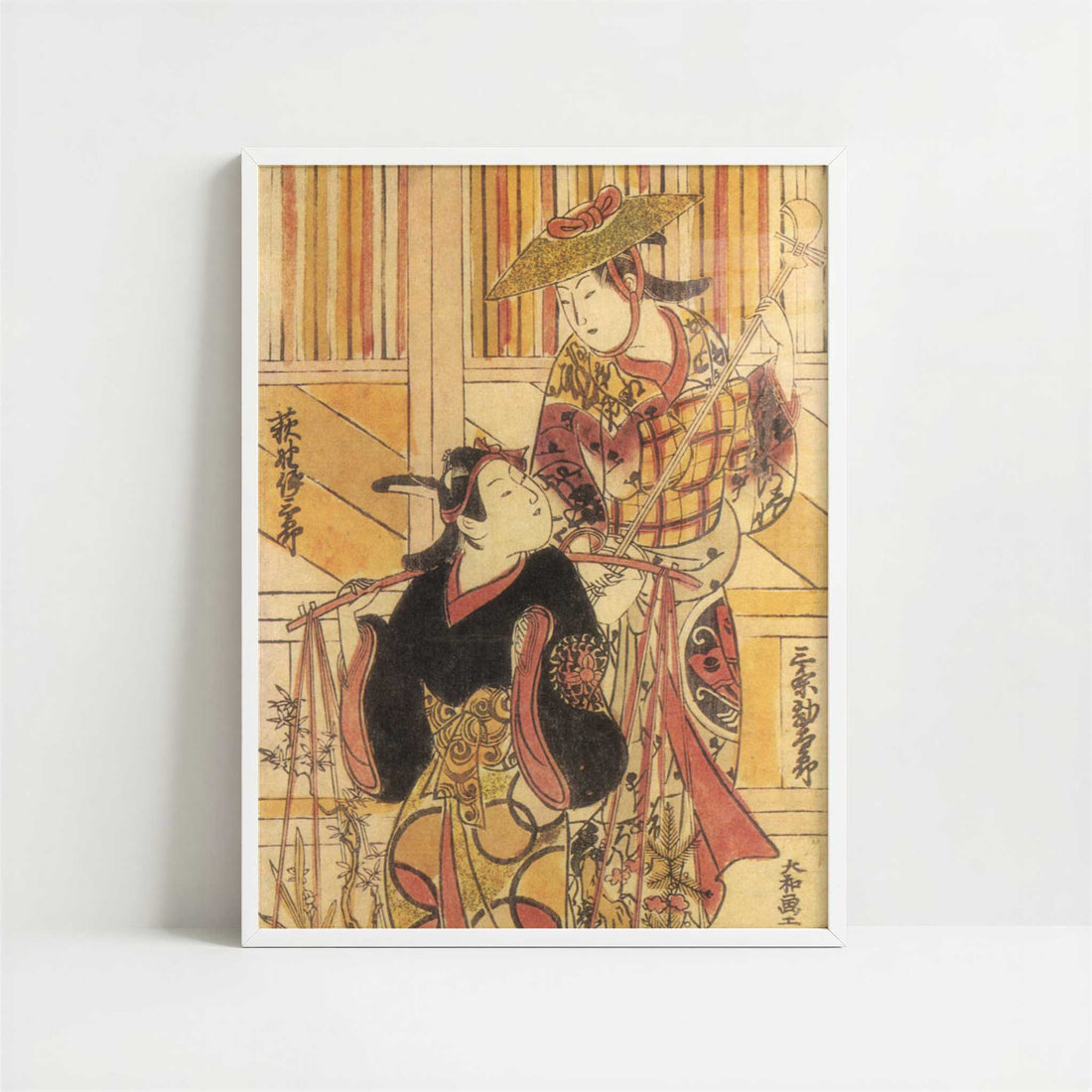 Actors as a Flower-Seller and Street Musician (1740s) by Toshinobu, Okumura – Art Print - Art print in white frame