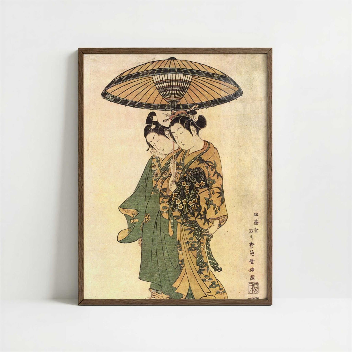 Actors as Lovers Under One Umbrella (1747) by Ishikawa Toyonobu – Art Print - Art print in dark wood frame