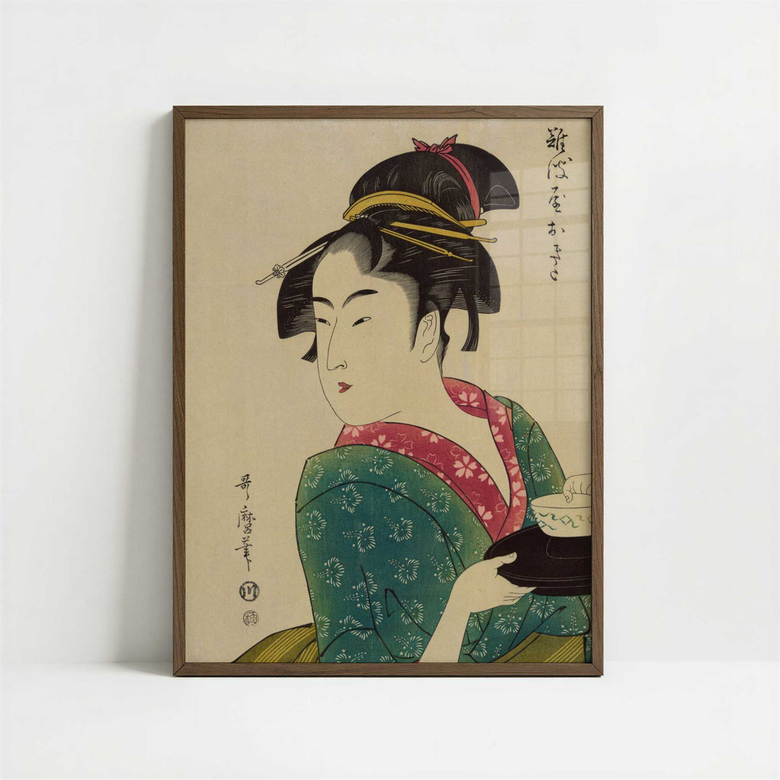 Okita of Naniwa-ya (c.1793) by Kitagawa Utamaro – Art Print - Art print in dark wood frame