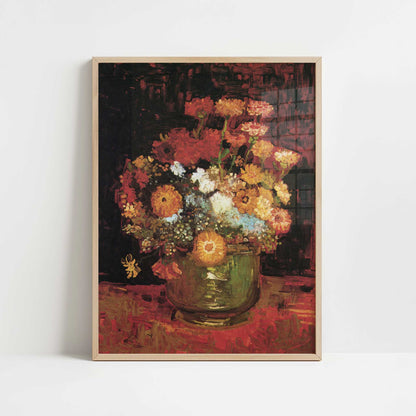 Bowl with Zinnias (1886) by Van Gogh – Art Print - Art print in oak frame