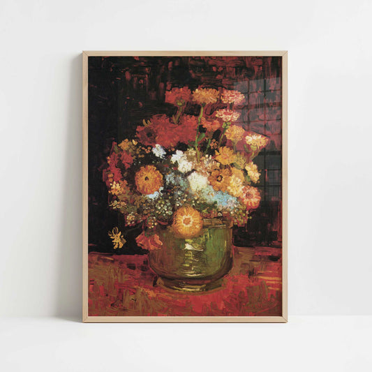 Bowl with Zinnias (1886) by Van Gogh – Art Print - Art print in oak frame