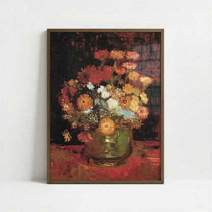 Bowl with Zinnias (1886) by Van Gogh – Art Print - Art print in dark wood frame