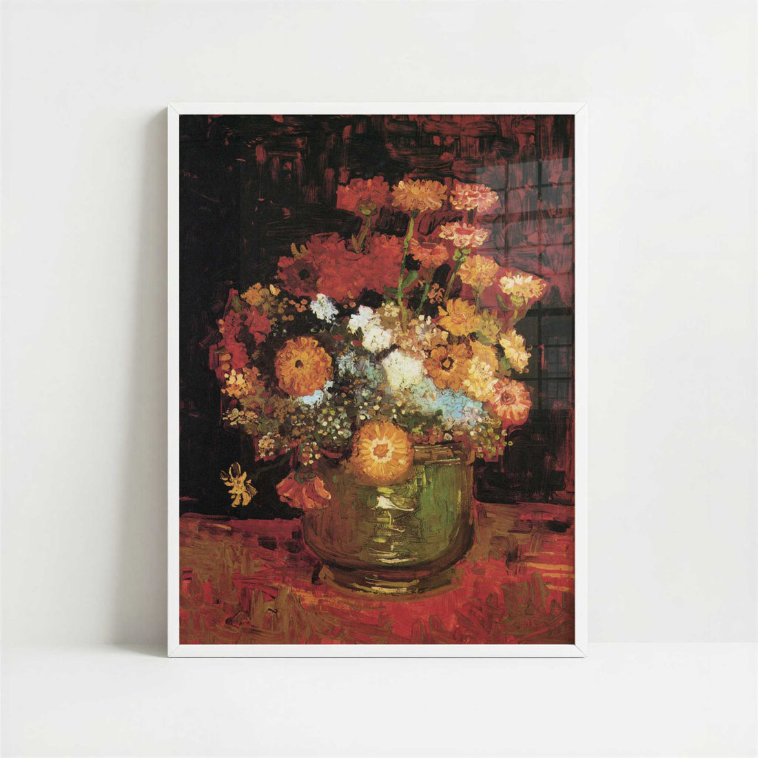 Bowl with Zinnias (1886) by Van Gogh – Art Print - Art print in white frame