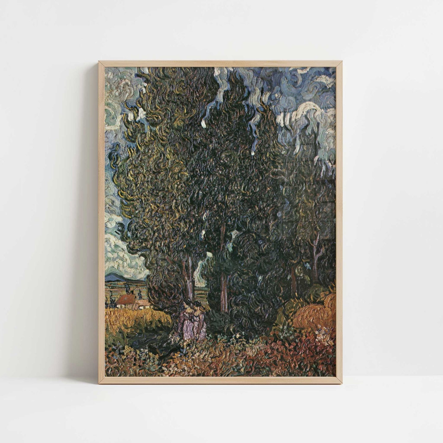 Cypresses with Two Figures (1889) by Van Gogh – Art Print - Art print in oak frame
