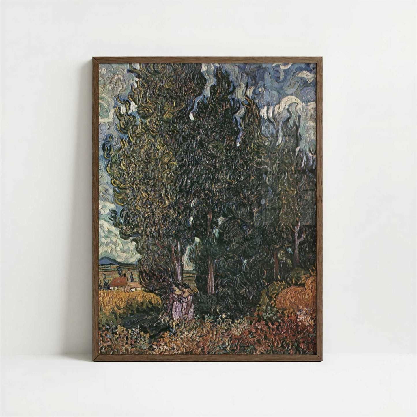 Cypresses with Two Figures (1889) by Van Gogh – Art Print - Art print in dark wood frame