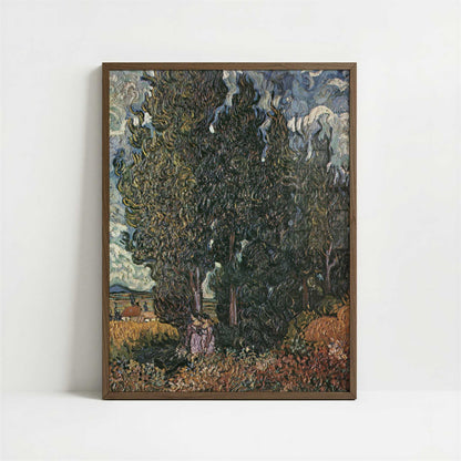 Cypresses with Two Figures (1889) by Van Gogh – Art Print - Art print in dark wood frame