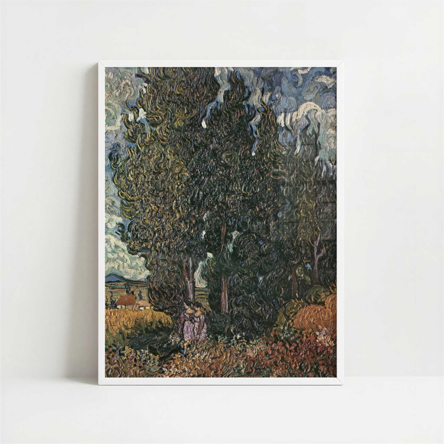 Cypresses with Two Figures (1889) by Van Gogh – Art Print - Art print in white frame
